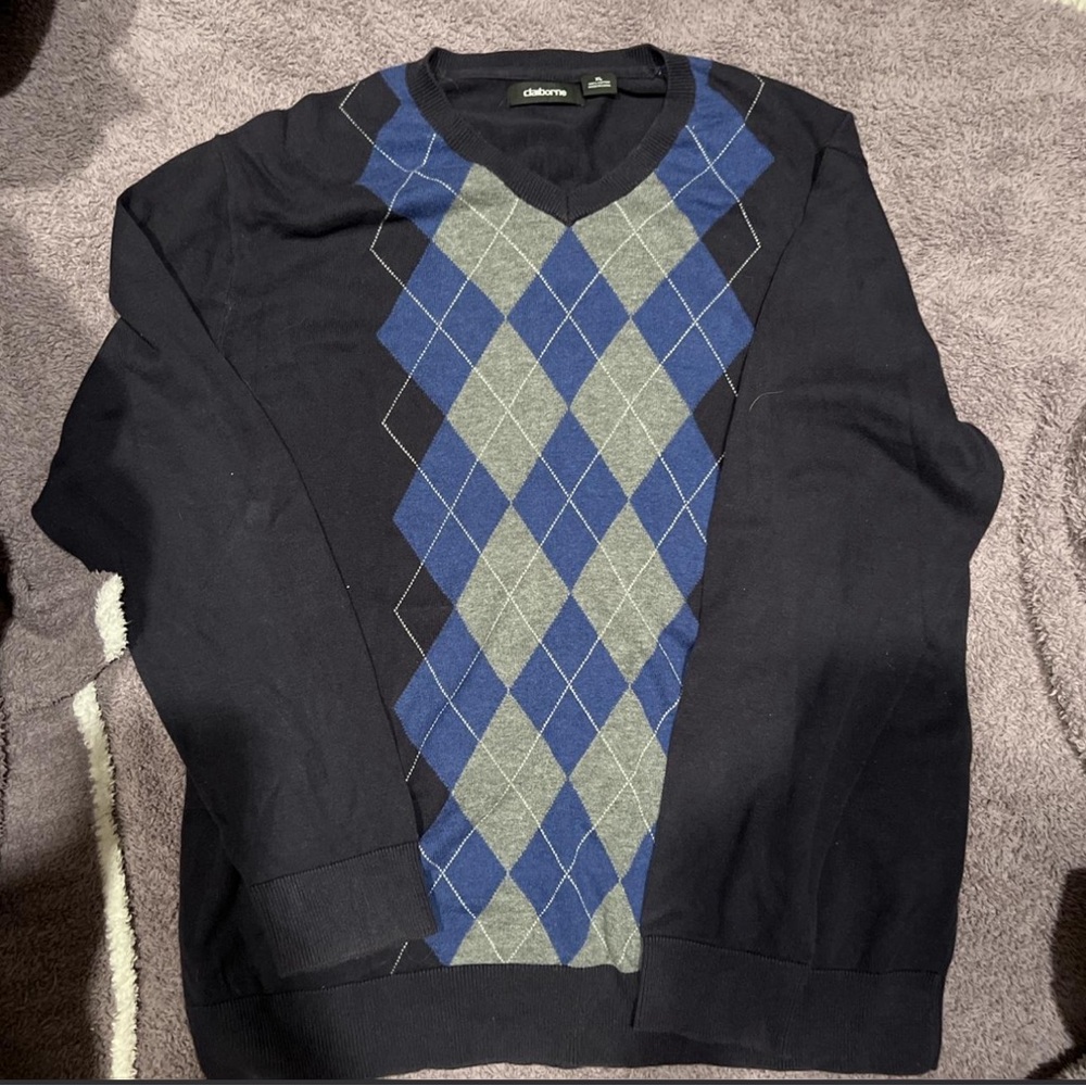 Claiborne Black V-Neck Sweater with Blue and Gray Argyle